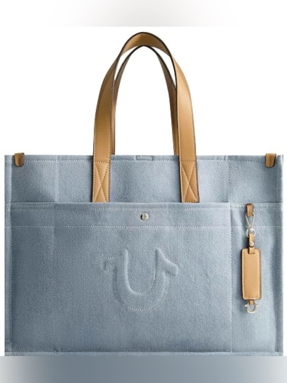 True Religion Blue Denim Tote with Tan Leather Handles